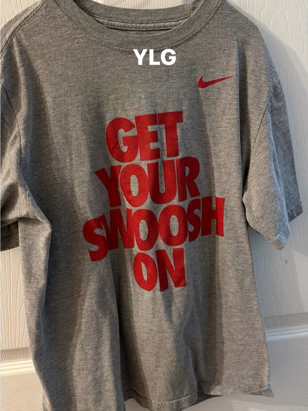 Nike Gray Tee with Bold Red 'Get Your Swoosh On' Graphic - Kids